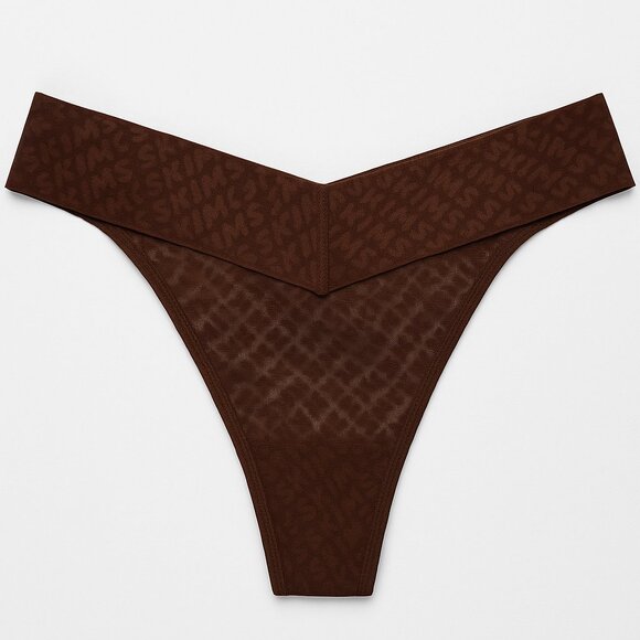 SKIMS Mesh Logo Thong Mid Rise Cocoa Brown Logo Print 3X - Picture 1 of 8